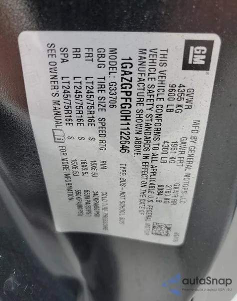 2017 Chevrolet Express G3500 Lt from USA, damaged, VIN 1GAZGPFG0H1122646